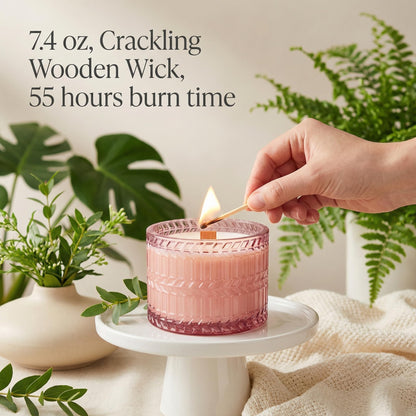 HIDDEN LABEL Sandalwood Rose Scented Candle, 7.4 oz Soy Wax Wood Wick Candle, 55Hours Clean Burn,Pink Decorative Jar Candle for Home, Bedroom, Bathroom, Gifts for Women