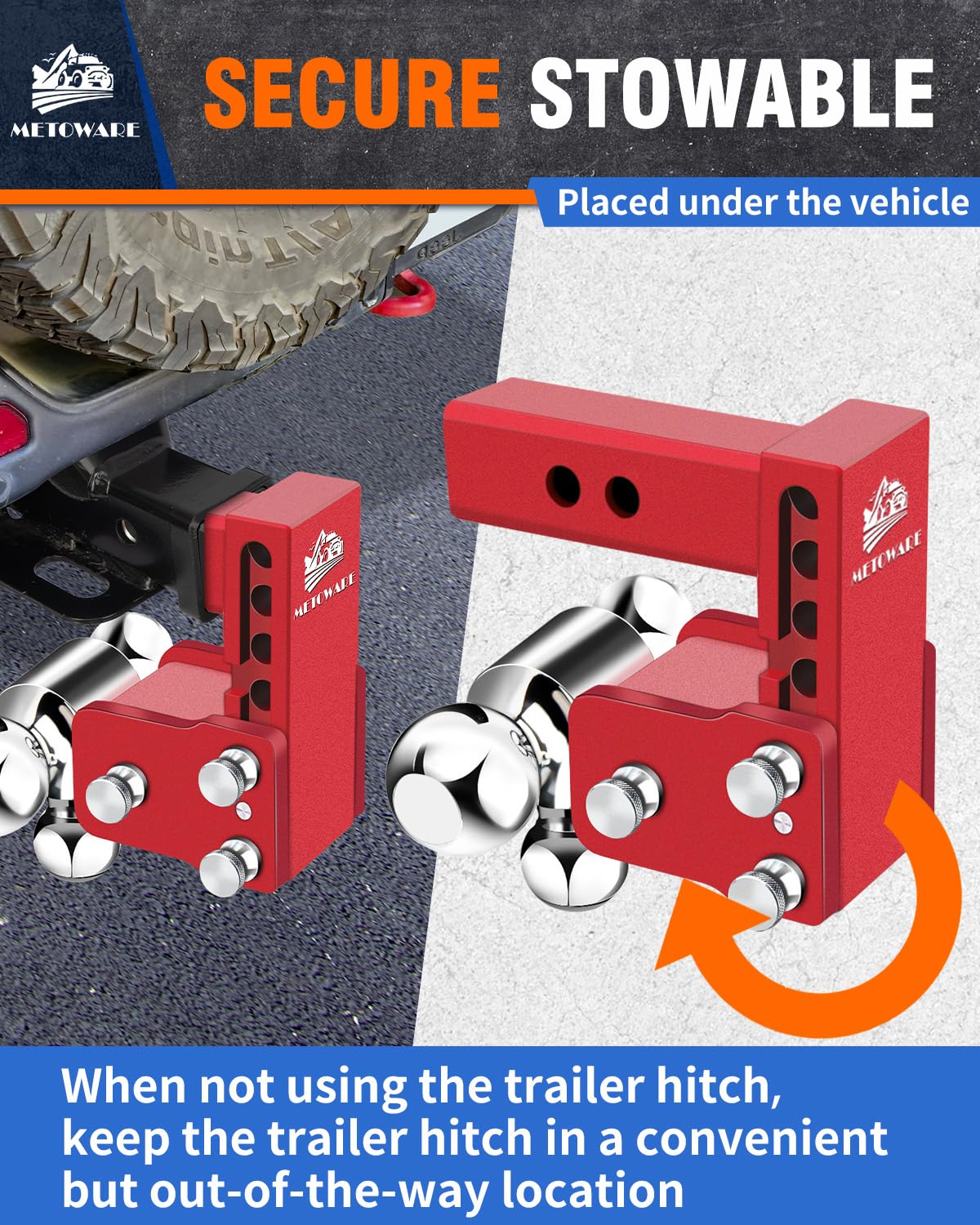 METOWARE Adjustable Trailer Hitch for 2" Receiver - 14,000 LBS GTW Heavy Duty Drop Hitch, 4" Drop/Rise, Tri-Ball (1-7/8" 2" 2-5/16") STOWABLE & Secure Design with Anti-Theft Hitch Lock, Red