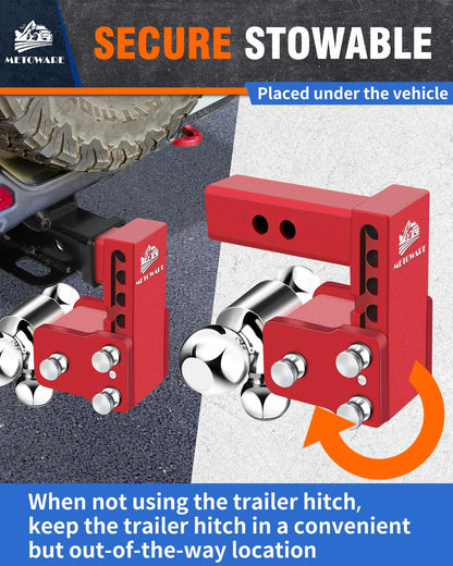 METOWARE Adjustable Trailer Hitch for 2" Receiver - 14,000 LBS GTW Heavy Duty Drop Hitch, 4" Drop/Rise, Tri-Ball (1-7/8" 2" 2-5/16") STOWABLE & Secure Design with Anti-Theft Hitch Lock, Red