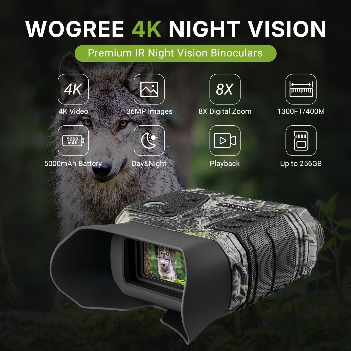 WOGREE Night Vision Goggles, 4K Night Vision Binoculars for Adults, 36MP, 1300FT Range,8X Digital Zoom, Flashlight & Compass, 5000mAh Battery, Infrared Vision, 32GB Card, for Camping & Security