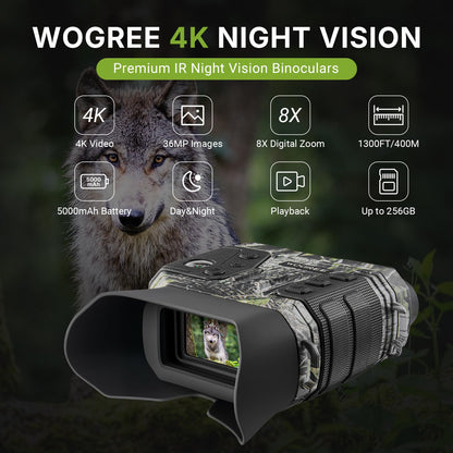 WOGREE Night Vision Goggles, 4K Night Vision Binoculars for Adults, 36MP, 1300FT Range,8X Digital Zoom, Flashlight & Compass, 5000mAh Battery, Infrared Vision, 32GB Card, for Camping & Security