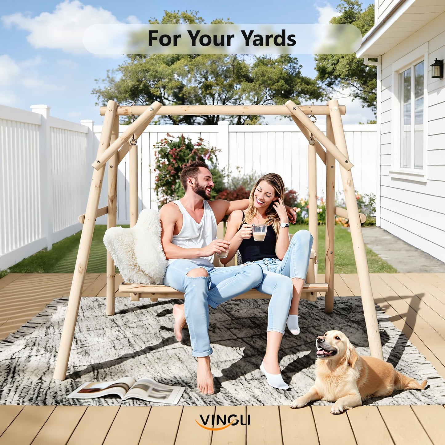VINGLI Heavy Duty 880 LBS Wooden Patio Porch Swing with A-Frame Stand, Hanging Swing Bench Chair with Frame for Outside, Yard, Garden (Natural)