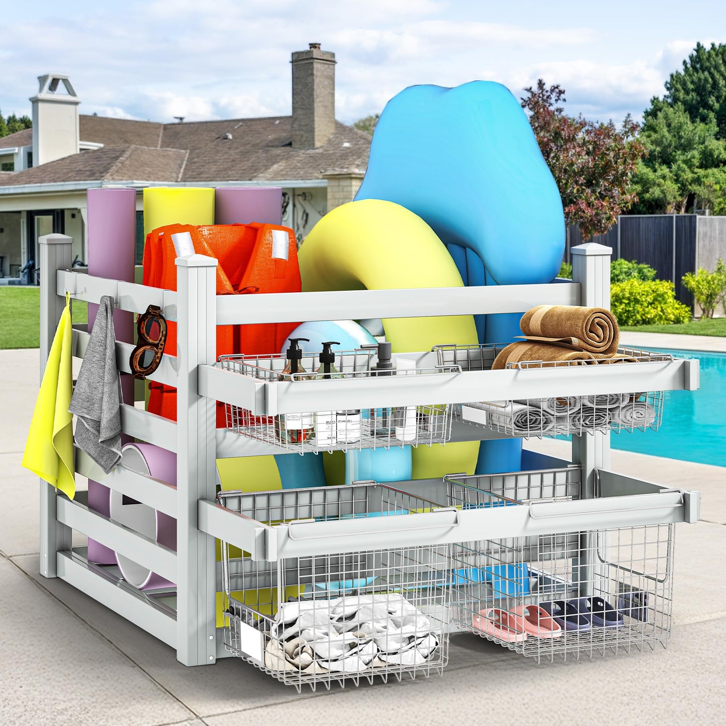 DWVO Pool Storage Bin, 64"x46"x38" Large Waterproof Pool Float Organizer with 6 Movable Hooks, Outdoor Resin Poolside Deck Box for Goggles, Towels & Pool Accessories, White
