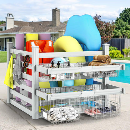 DWVO Pool Storage Bin, 64"x46"x38" Large Waterproof Pool Float Organizer with 6 Movable Hooks, Outdoor Resin Poolside Deck Box for Goggles, Towels & Pool Accessories, White