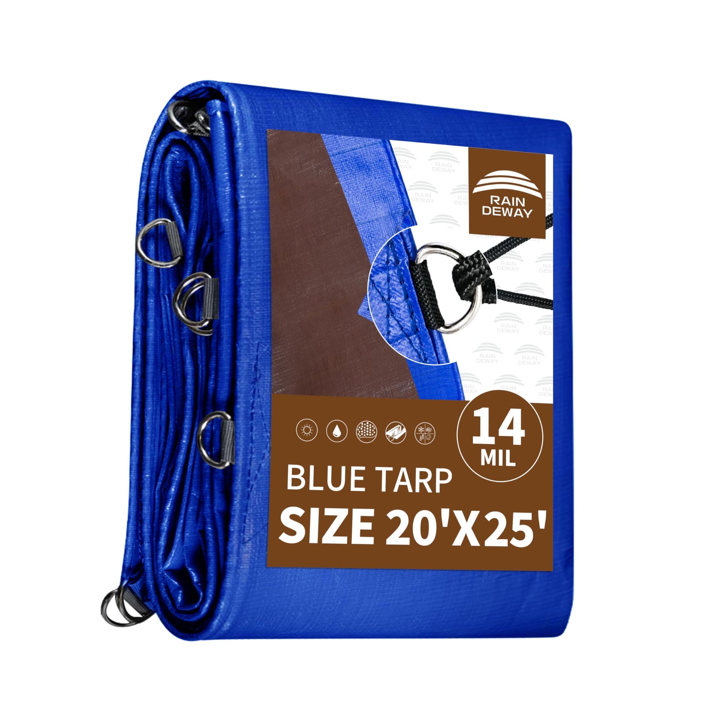 RAINDEWAY Tarp 20x25 Feet Tarps Heavy Duty Waterproof with D-Rings, Reinforced Corners and Edges,UV Resistant,Multipurpose Poly Tarp for Roof,Wood,Camping,Blue/Brown