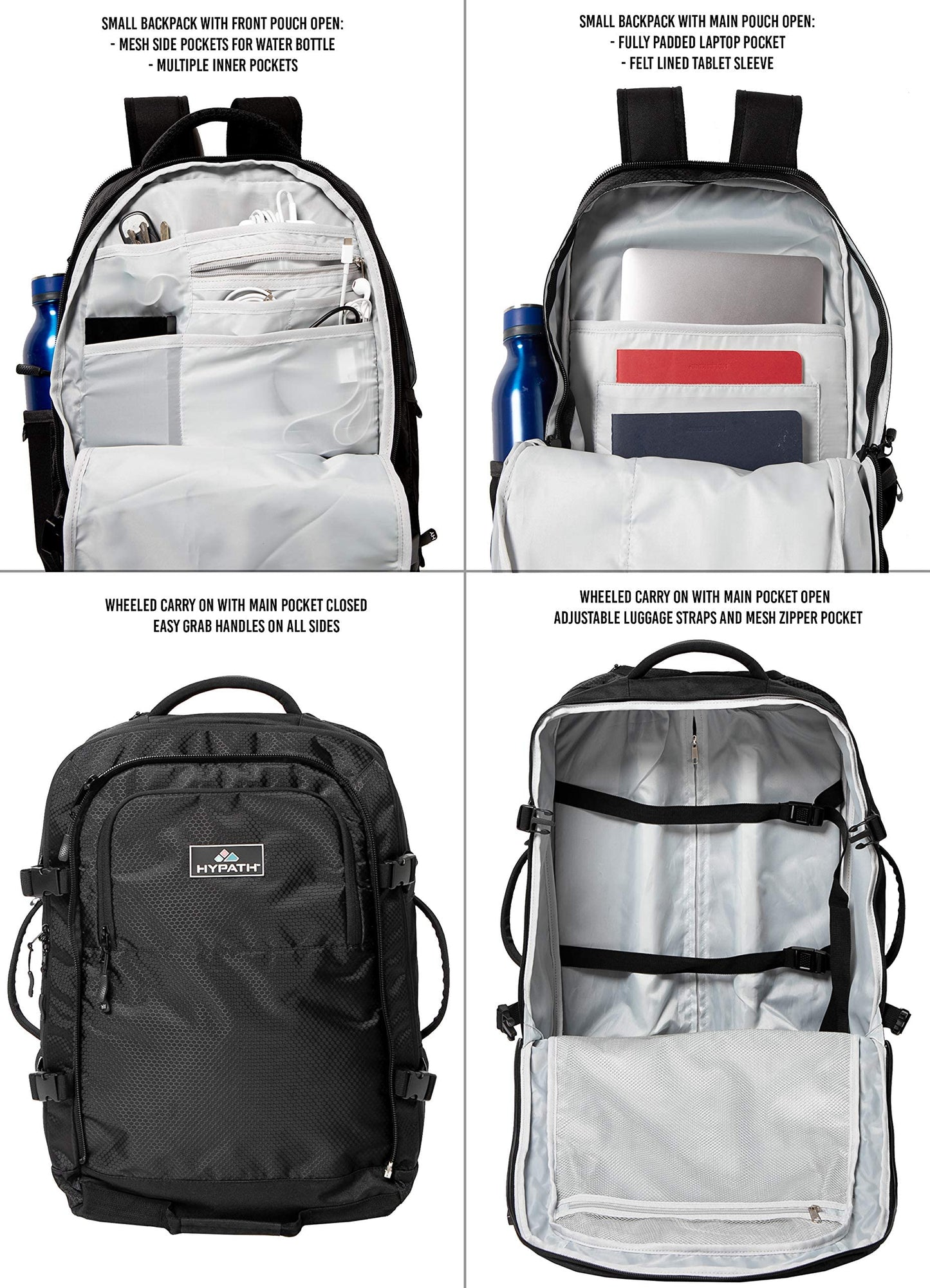Hypath 2-in-1 Convertible Travel Bag - Use as Backpack with Wheels, Wheeled Carry On, or Stacked Rolling Luggage - Comes with Detachable Daypack - New Upgrades Here