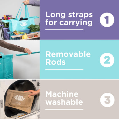Lotus Trolley Bag Bundle Reusable Shopping Bags (Set of 4 Standard Size Earth Tones) PLUS (Set of 3 LARGE Size) Grocery Bags Insulated Cooler & Egg/Wine Holder, Foldable, Washable Grocery Cart Bags