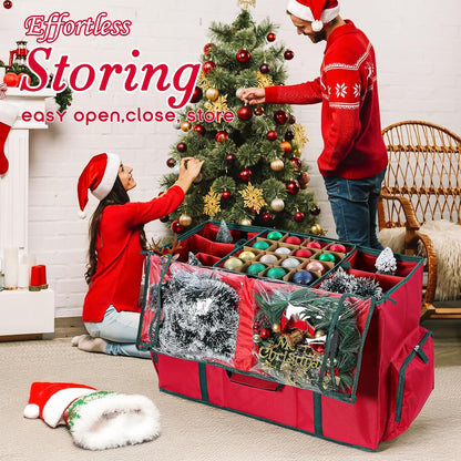 Skiennix 2-In-1 Christmas Ornament Organizer Box - Holds 73 Holiday Ornaments, Adjustable Space & Pockets for Figurines