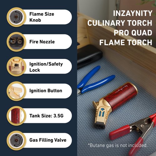 inZaynity Quad Torch Lighter - Kitchen Butane Torch & Butane Lighter for Cooking, Baking, and Soldering - Adjustable Flame Control & Safety Lock Kitchen Torch (Gold Brown) - Butane NOT Included