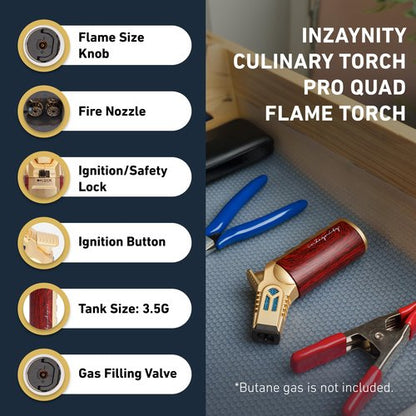 inZaynity Quad Torch Lighter - Kitchen Butane Torch & Butane Lighter for Cooking, Baking, and Soldering - Adjustable Flame Control & Safety Lock Kitchen Torch (Gold Brown) - Butane NOT Included