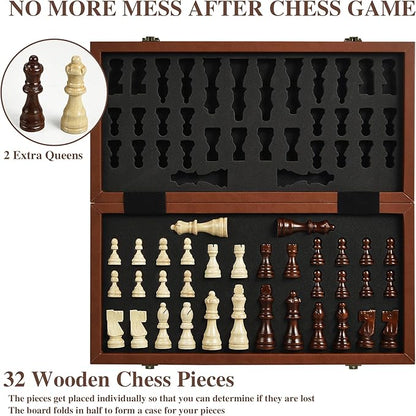 Magnetic Chess Set for Adult Kid 15.4 Leather Chess Board with Handmade Chess Piece Including 2 Extra Queens and Storage Slot Folding Portable Travel Chess Game for Beginner and Professional