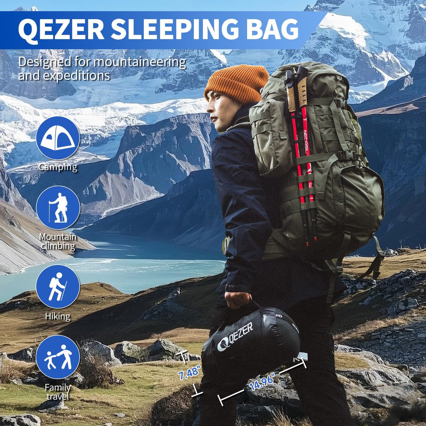 QEZER 0°F Cold Weather Sleeping Bag for Adults, Lightweight Backpacking Bag with Down Booties for Men and Women Keep Warm