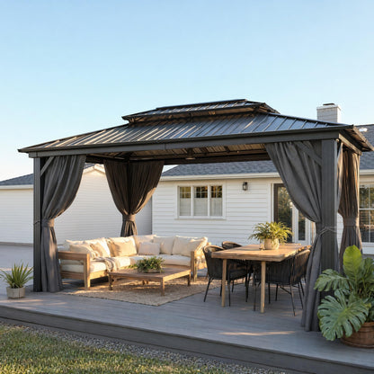 HOTEEL 10x15 Hardtop Gazebo with Flame-Retardant Curtain & Netting, Hot Tub Gazebo with Galvanized Steel Double Roof, Heavy Duty Permanent Pavilion Outdoor for Patio, Frame Thickened, Black(Upgraded)