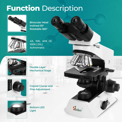 Sinher XSZ-2108A Professional lab Compound Binocular microscopes 40X-2000X Magnification for Kids Students Adults School Lab Home Education with Microscope Slides Set.