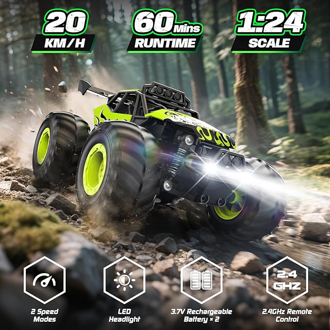Remote Control Car All Terrain RC Cars with Speed Switch RC Truck with LED Headlight and Rechargeable Batteries 20KM/H Monster Truck Toys Gift for Boys 6-8 8-12 Green
