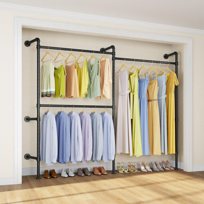 Timate P2 Industrial Pipe Clothes Rack, Wall Mounted Open Closet System with 3 Hanging Rods, L-Shape & Straight Configuration Garment Rack for Closet, Bedroom, Apartment, Retail Display, Black