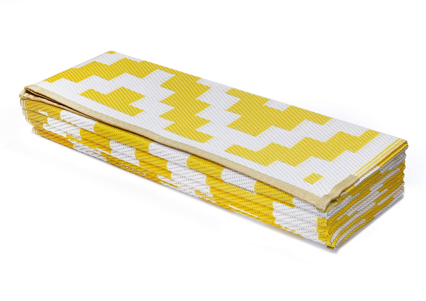 FH Home Outdoor Camping Rug - Waterproof, Fade Resistant, Reversible - Premium Recycled Plastic - Geometric - Large Patio, Deck, Sunroom, RV - Aztec - Yellow & White - 9 x 18 ft Foldable