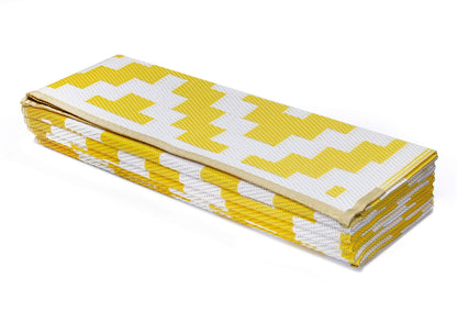 FH Home Outdoor Camping Rug - Waterproof, Fade Resistant, Reversible - Premium Recycled Plastic - Geometric - Large Patio, Deck, Sunroom, RV - Aztec - Yellow & White - 9 x 18 ft Foldable