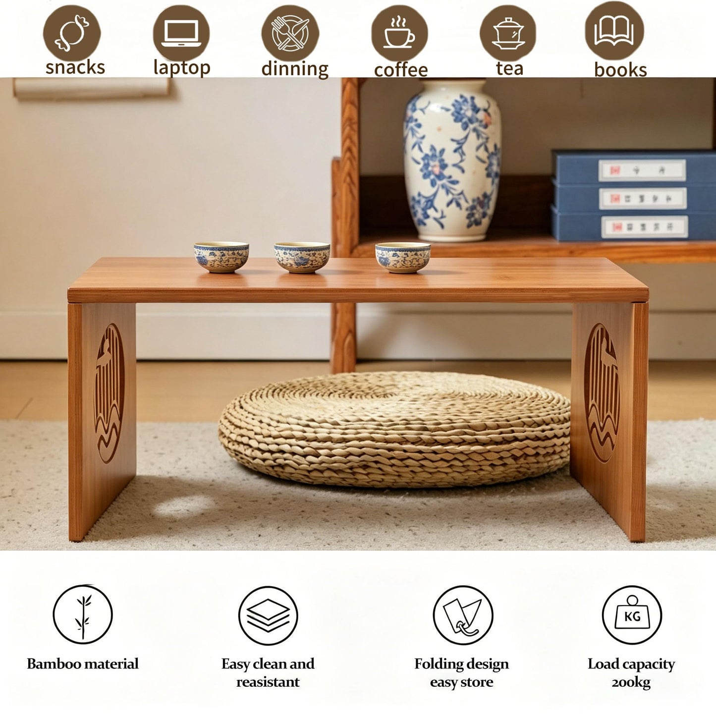 Ekjkldo Folding Coffee Table, Foldable Japanese Floor Table No Assembly, Low Coffee Table for Sitting On The Floor, Small Coffee Tables for Living Room Meditation Tea Room Tatami Dining 39.4 Inch