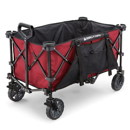 Gorilla Carts Collapsible Folding Outdoor Utility Wagon, 7 Cu Ft Oversized Bed, 150 lb Load Rating, Red – Foldable Rolling Cart w/ Pockets & Cup Holders for Beach, Camping, Sports or Picnic