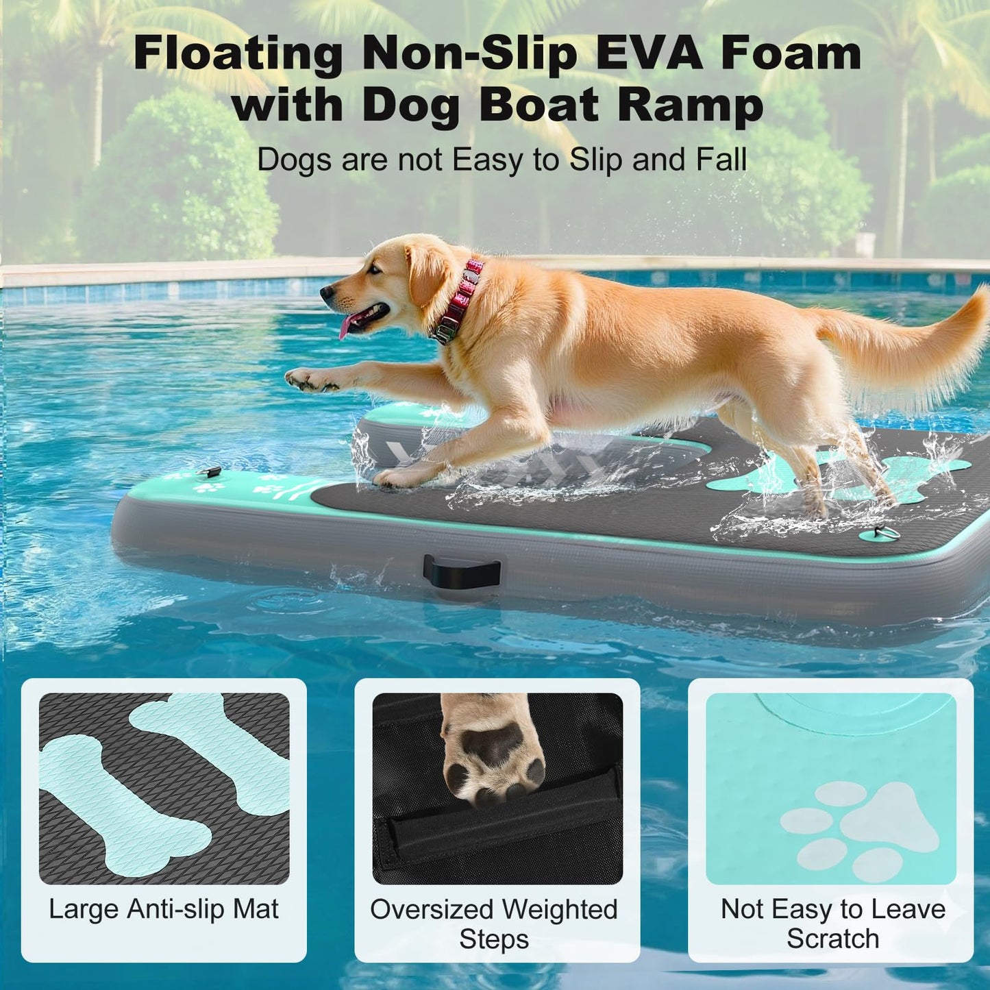 Linvivon Inflatable Dog Boat Ramp for Dogs Up to 240 lbs, Inflatable Dock Floating Platform with Anti-Slip EVA Foam Safe & Easy Water Access, Dog Ramp for Boat, Pools, Lakes, Boats, Docks, Green