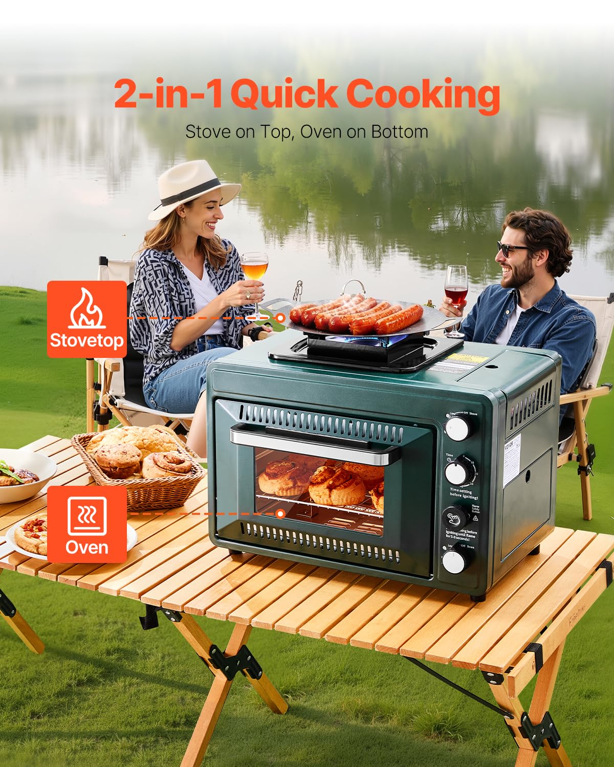 VEVOR Outdoor Camping Oven, 2-in-1 Portable Gas Camping Stove Oven Combo, Adjustable Fire, 60-Minute Timer, Windproof, for Camping Backyard Picnic Outdoor Cooking, Universal Butane Canister Compatible