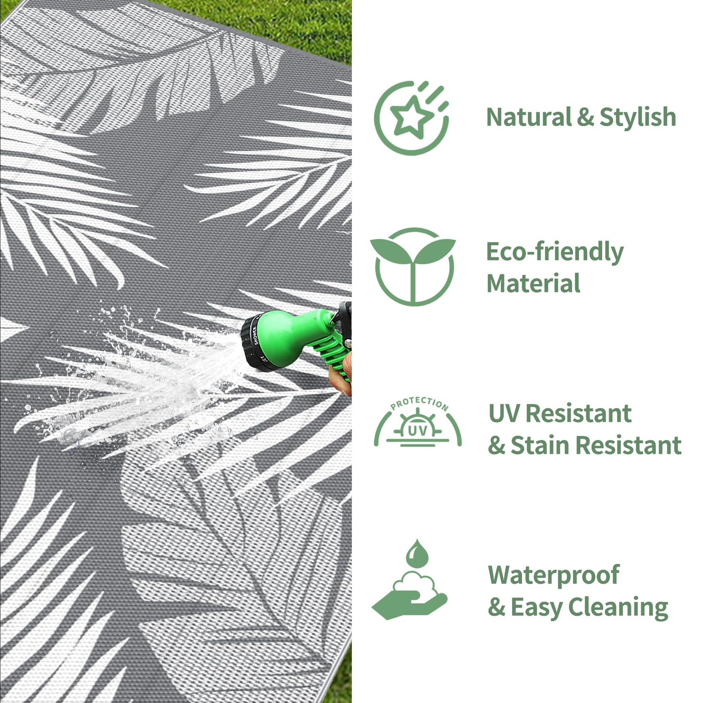 GENIMO Outdoor Rug 10' x 20' Waterproof for Patios Clearance, Reversible Outdoor Plastic Straw Camping Rug Carpet, Large Area Rugs Mats for RV, Camper, Deck, Balcony, Porch, Beach, Picnic, Grey&White