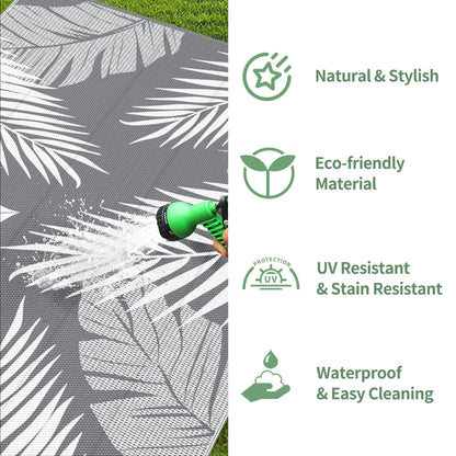 GENIMO Outdoor Rug 10' x 20' Waterproof for Patios Clearance, Reversible Outdoor Plastic Straw Camping Rug Carpet, Large Area Rugs Mats for RV, Camper, Deck, Balcony, Porch, Beach, Picnic, Grey&White