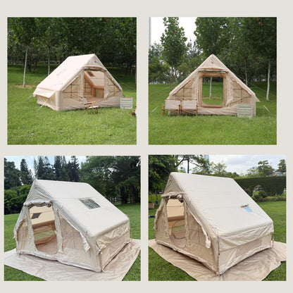 2026 New Inflatable Tent for Camping 68 sq.ft, 4 Person Blow Up Tent with Stove Jack & Hand Pump, Khaki Waterproof Oxford Air Glamping Tent, Easy Setup 4 Season Luxury Cabin Tent for Outdoor Family