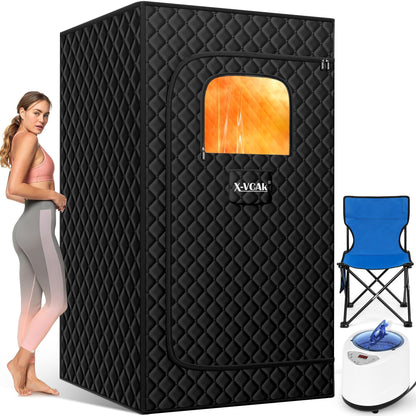X-Vcak Portable Steam Sauna Tent for Home, Steam Sauna for Home with Steamer, 9 Temp Levels & 99 Min Timer, 5-Layer Waterproof Insulated, Folding Chair
