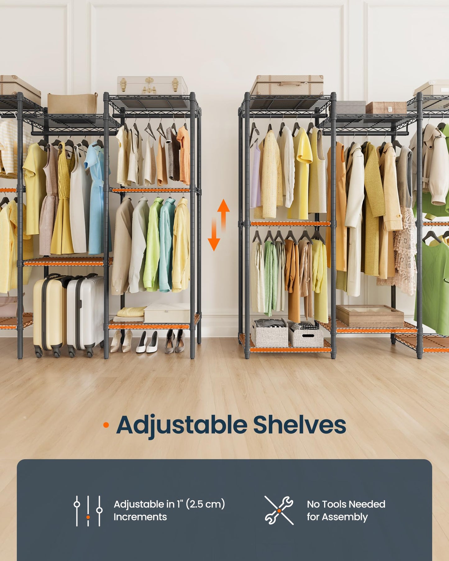 SONGMICS HOME Heavy-Duty Clothes Rack, Metal Closet Organizers and Storage System, Freestanding Wardrobe Closet Garment Rack with Shelves, 16 x 57.1 x 76.2 Inches, Black