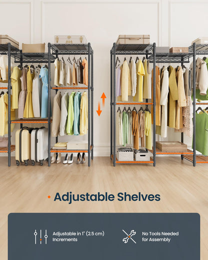 SONGMICS HOME Heavy-Duty Clothes Rack, Metal Closet Organizers and Storage System, Freestanding Wardrobe Closet Garment Rack with Shelves, 16 x 57.1 x 76.2 Inches, Black