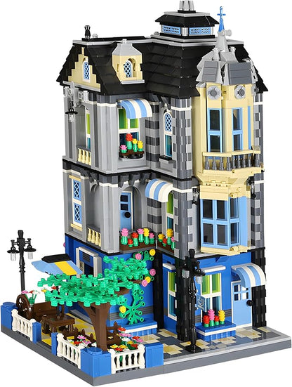 General Jim's 3-Story Victorian Townhouse &amp Garden Coffee Shop 2313-Piece Blue &amp Yellow Modular Building Blocks Set - MOC City Buildings - Great Gift for Brick Building Enthusiasts
