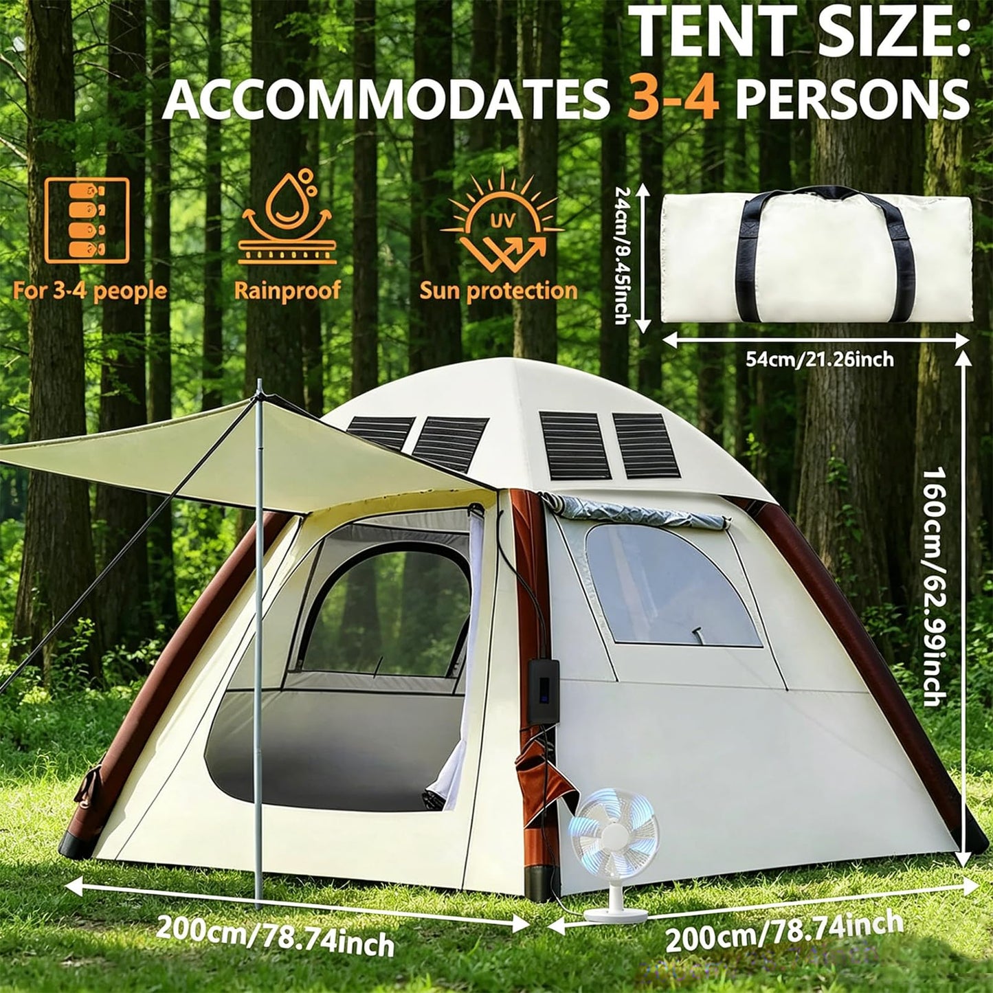 Automatic Tents for Camping 4 Person with Rechargeable Device, Portable Carry 4000mm Waterproof & UV Protection Pop Up Tent, Easy Setup Instant Cabin Tents for Family Camping & Hiking