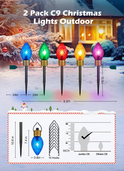 Minetom C9 Christmas Pathway Lights - 2 Pack Jumbo Multicolor, 10.5 Feet, Plastic, Model GY-C-50.6-U-B1