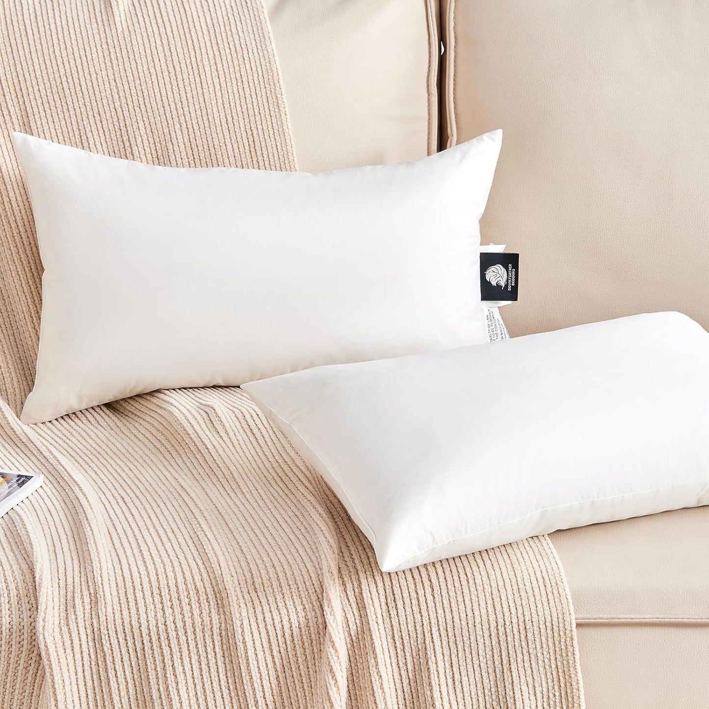 Organic Feather Down Lumbar Pillow Inserts - 100% Cotton Shell, Set of 2 (14x22 Inch) | Perfect for Couch, Sofa, and Bed