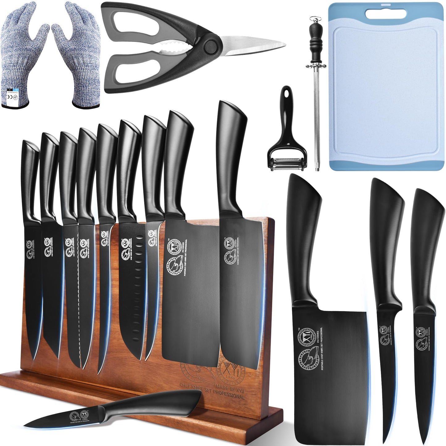 XYJ Professional Knife Sets for Master Chefs,Meat Cleaver Butcher for Camping,Chef Knife Set with Magnetic Knife Block,Stainless Steel Kitchen Knives Tools Kit