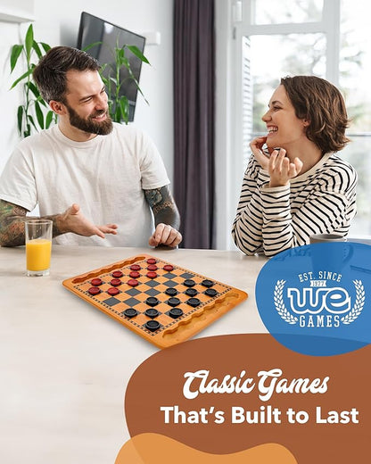 WE Games Solid Wood Checkers Board Game – 14.5-Inch Vintage Checkers Set with Inset Grooves &amp 24 Red &amp Black Board Game Pieces – Fun Family Table Game