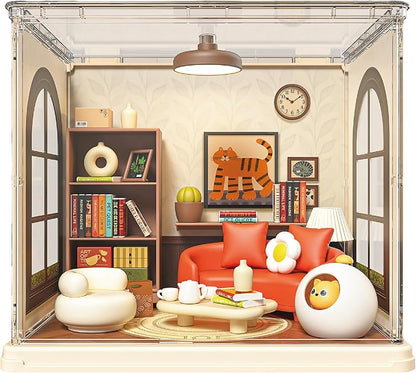 Cat Living Room DIY Miniature House Building Toy Dollhouse Set with LED Creator Playset Suitable for Mini Figures Construction Toys Diorama Kit Gifts for Adults