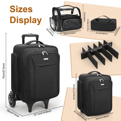Relavel Rolling Makeup Case with Large Brush Bag, Professional Make Up Travel Organizer Bag with 2 big Wheels, Lockable Makeup Backpack with Adjustable Dividers for Makeup Artist - Black