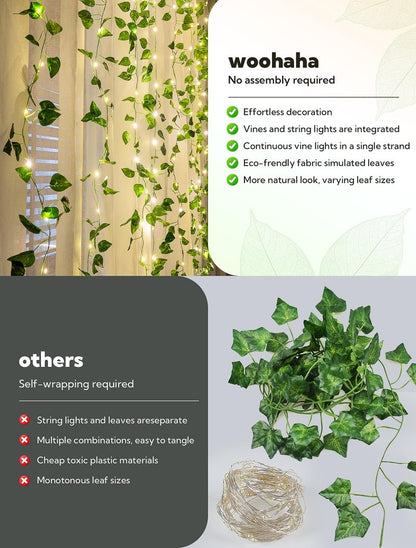 woohaha Vine with Fairy Lights,23ft 73LED Ivy String Light with Battery Operated,Leaf Light for Bedroom, Room, Wall, Garden, Party, Wedding Decor (Warm White)