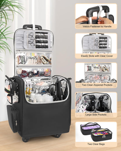Relavel Rolling Makeup Train Case, Professional Hairstylist Traveling Bag with 4 Wheels & 2 Pouches, Adjustable Dividers, Heat Insulation Full Layer, Portable Cosmetics Storage Organizer Suitcase