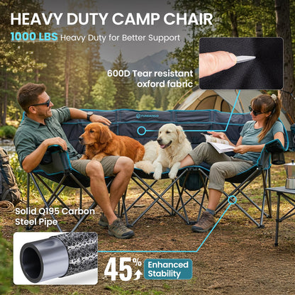 FUNDANGO Extra Wide 3 Person Camping Chair for Adults with Cooler, 1000 LBS Heavy Duty Oversized Camp Couch, Padded Folding Seat with Cup Holders for Outdoor, Sports & Lawn