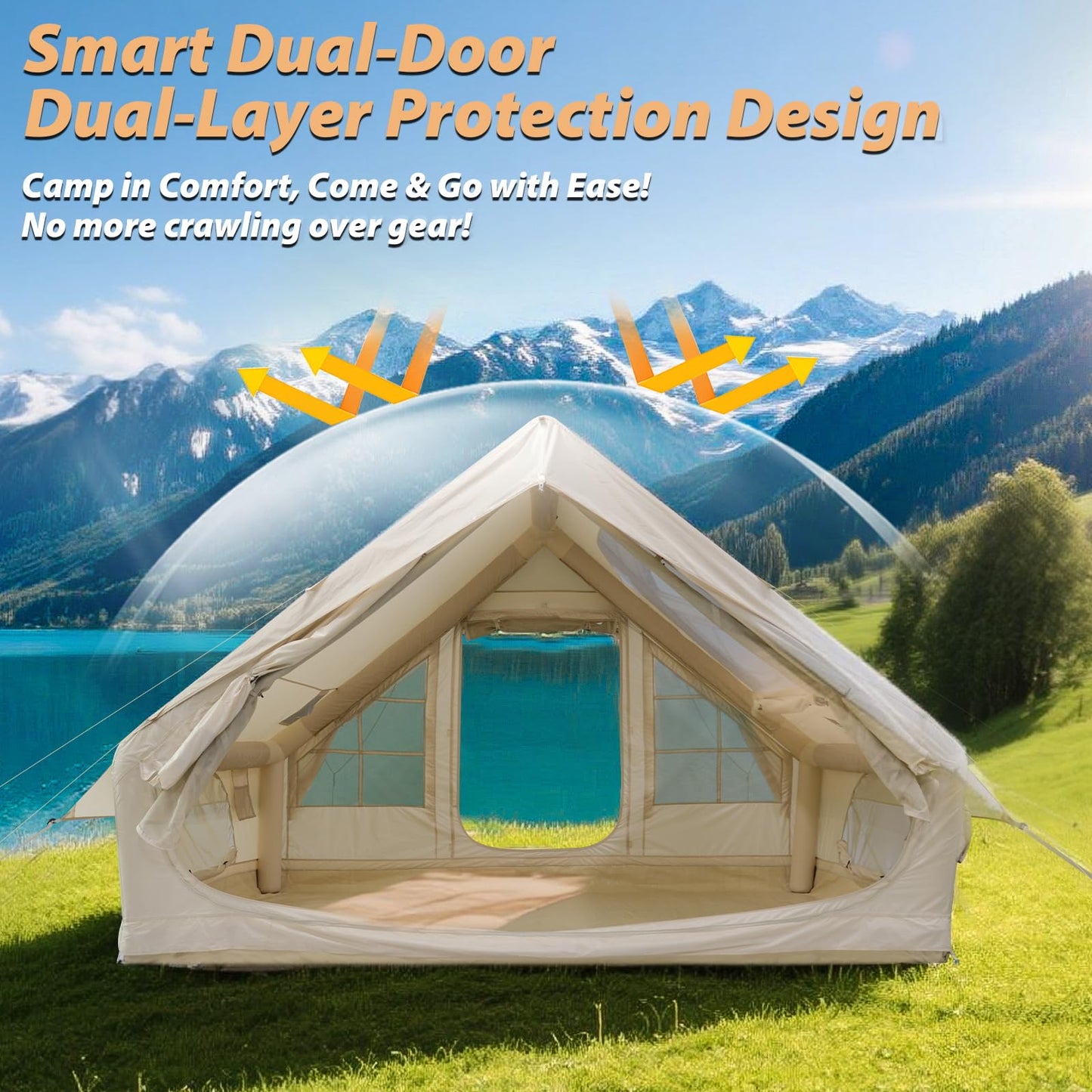 GEERTOP Large Inflatable Camping Tent with Stove Jack Instant Waterproof Blow Up Air Glamping Tent with Skylight for Family 4-6 Person 4 Season Outdoor Adventures