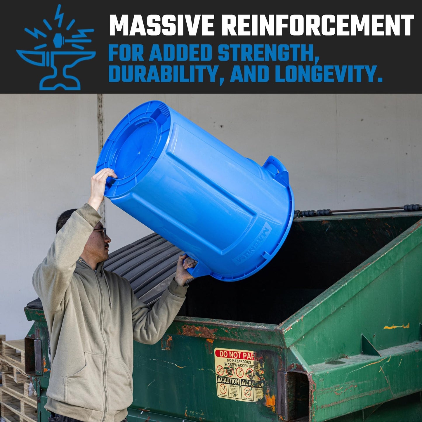 Magnum Blue 32 Gallon Trash Can Set (Trash Can, Quiet Dolly, and Reinforced Lid), Construction Grade, Jobsite Ready for Handling and Rolling Garbage CMTC-CLD0-32B01 (1 Set)