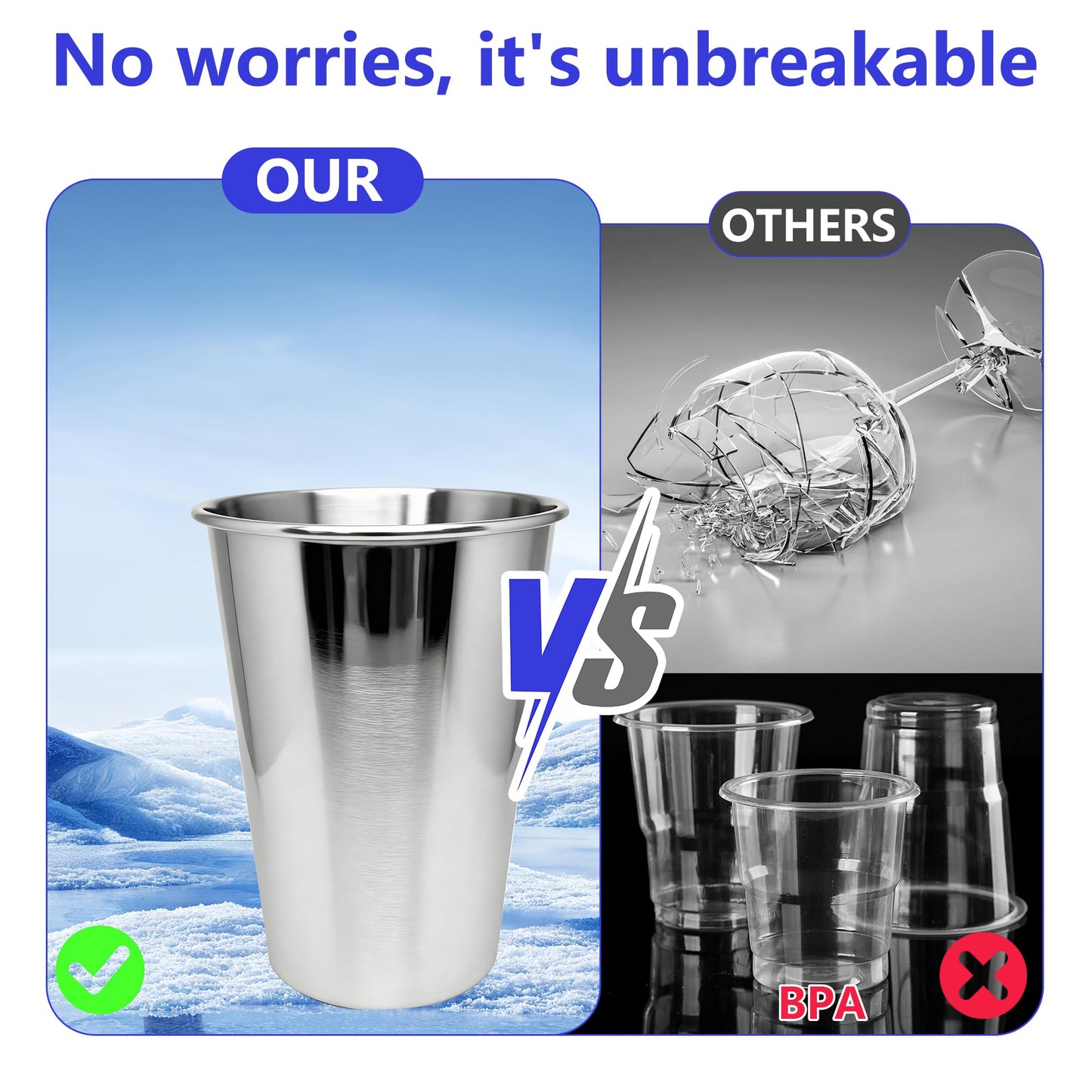 WELVRVIR 20oz 60PCS Stainless Steel Pint Cup,Pint Tumbler,Reusable metal Cups,Stainless Steel Water Tumbler,BPA Free,Stackble,Durable,Unbreakable Metal Drinking Glasses for Bar,Banquet Mugs (60, 20OZ)