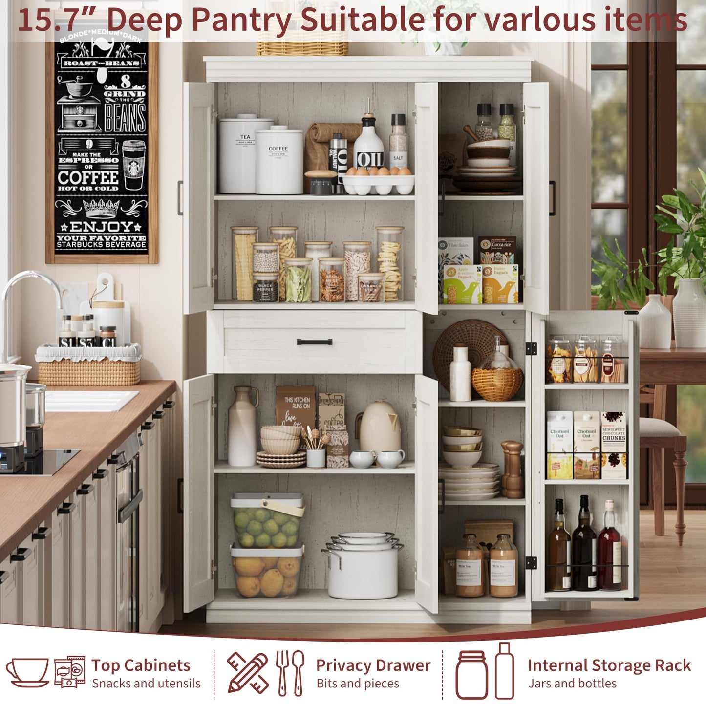 Garvee 70" Tall Kitchen Pantry Storage Cabinet, Modern Kitchen Hutch Cabinet with Doors and Shelves, Freestanding Food Pantry with Large Storage Drawer for Dining Room and Household Organization