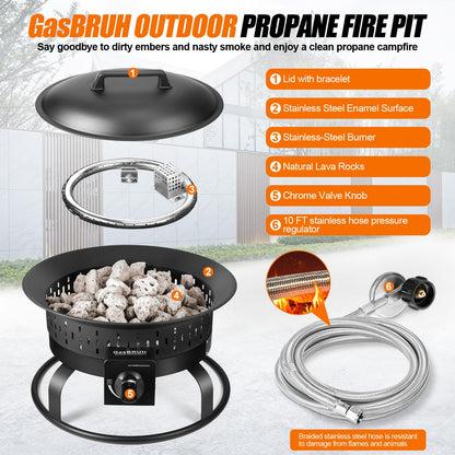 GasBRUH Outdoor Portable Propane Fire Pit, 19-Inch,60,000 BTU with Cover&Carry Kit,Camping Propane Fire Pits,Gas Firebowl,Portable Gas Fire Pit for Outside Patio,Backyard,Camping,RV,Deck,Tailgating