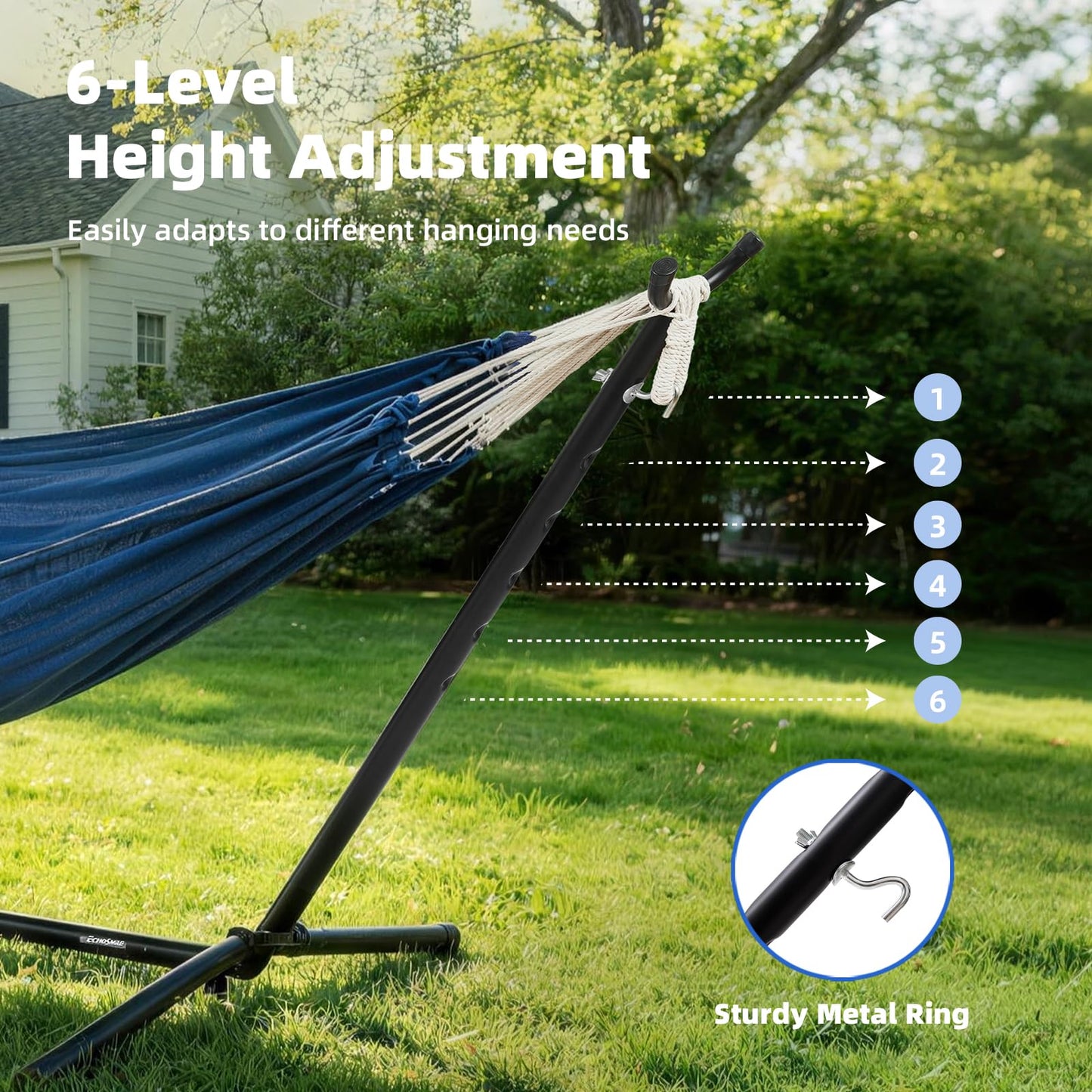 EchoSmile Double Hammock with Detachable Stand - 480 lbs Heavy Duty 2 Person Adjustable Hooks Indoor Outdoor Stand Hammock Durable Steel Frame, Blue