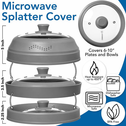 Microwave Splatter Cover for Food - Silicone Glass Dish Plate Cover, Vented with Silicone Grip Handle Knob, Collapsible, Food Grade, Microwave, Dishwasher Safe - 10" Inch